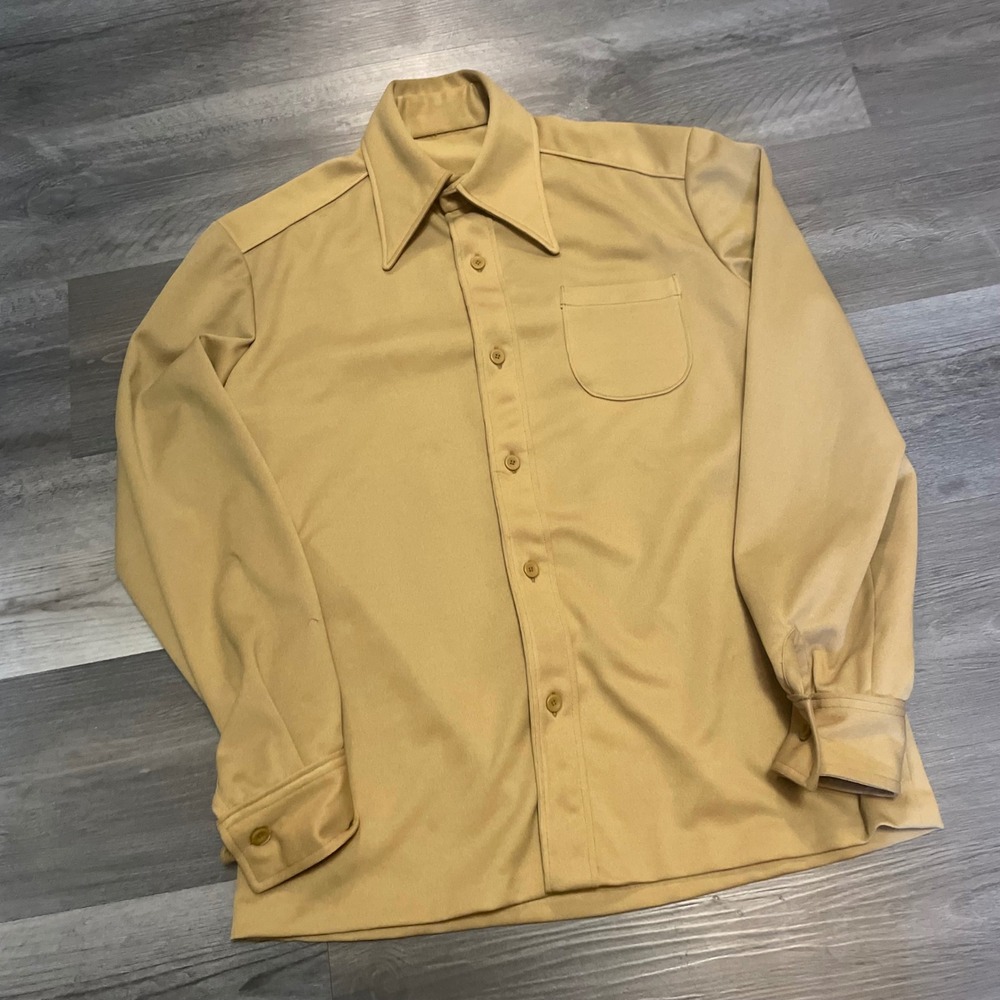 Vintage 70s Mustard Tan Disco Shirt Dagger Collar Long Sleeve Men L 21x27